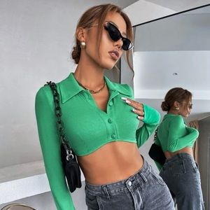 Green Cropped Ribbed Knit Top